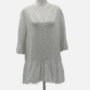 Francesca Bettini Linen & Lace V Neck Summer Blouse in White - Size Medium